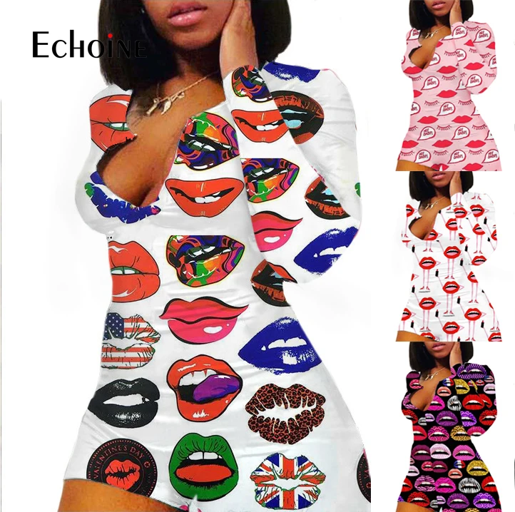 

Oluolin 2021 Women Sexy adult Onesies Jumpsuit Sleepwear Lip Print pajamas Shorts Long sleeve V Neck Bodycon Bodysuit Rompers