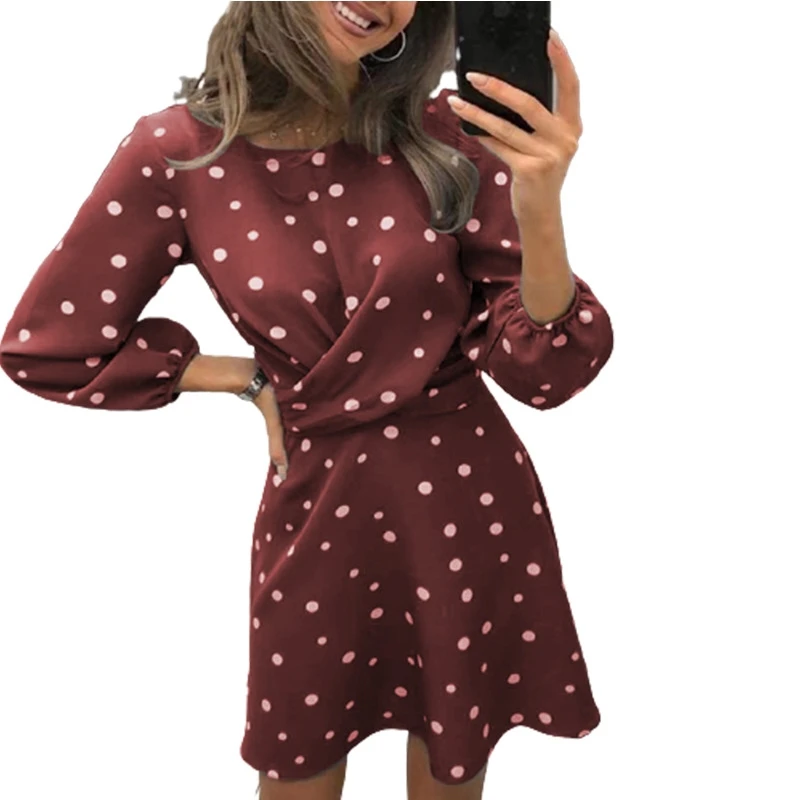 

2021 Summer Women Dress Elegant Fashion Long Sleeve Round Neck Dots Dresses Mini Robe Party Vestido