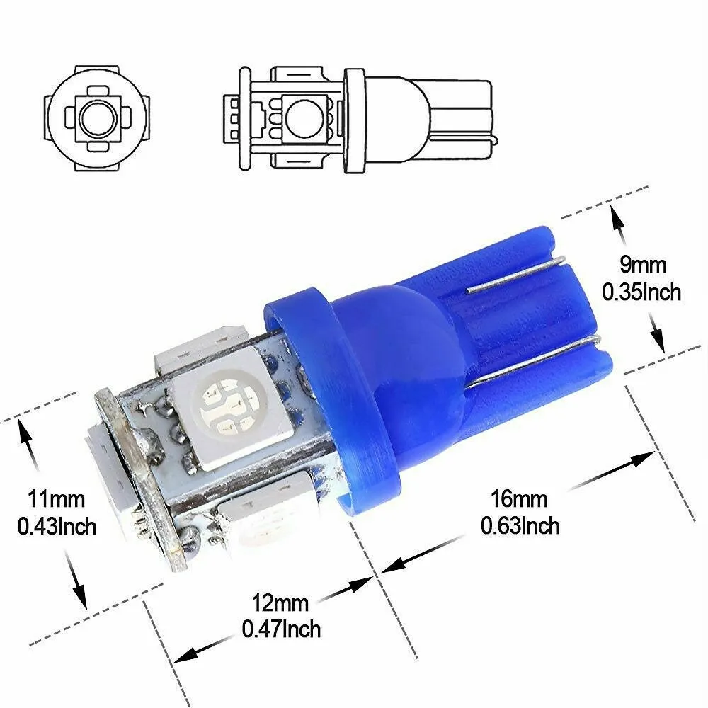 

T10 LED Light Bulbs Ultra Blue 0.08A 0.96W 20pcs/kit 2825 192 194 9000K