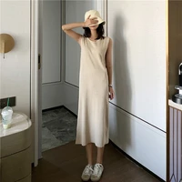 dresses for women summer 2022 o neck sleeveless knitted vest long dress casual fashion streetwear dress beige korean clothes