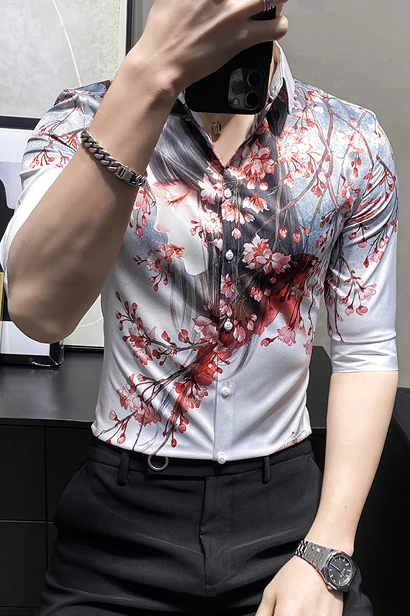 

Beauty Print Shirts Men Slim Streetwear Shirts Social Party Nightclub Casual Shirt 2021 Summer Short Sleeve Hair Stylist Clothes
