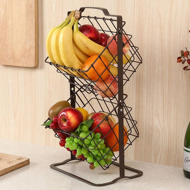 

2-Tier Storage Shelf Metal Storage Basket Fruit Vegetable Toiletries Organizer Household Market Basket Stand