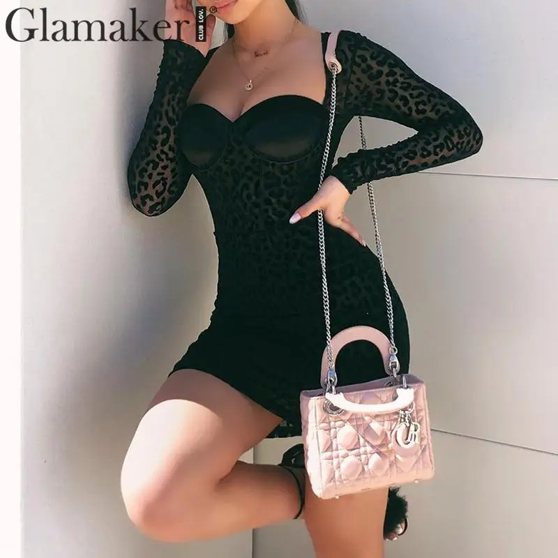 Glamaker сексуальное Сетчатое лоскутное черное платье с животным принтом женское