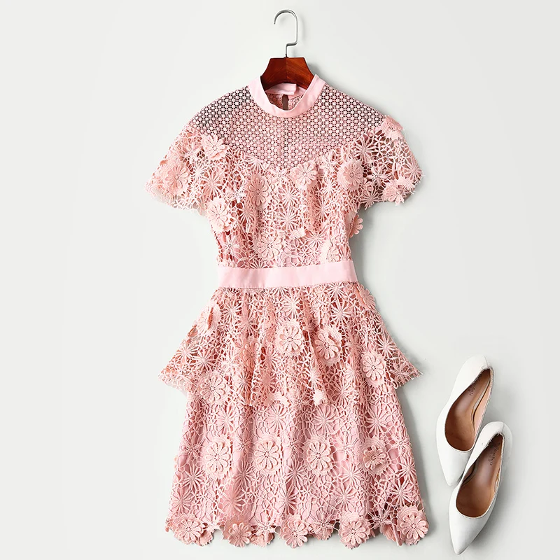 New women s high end European and American show pink flower lace hollow lotus leaf trim dress | Женская одежда