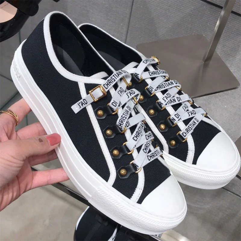

D Black Letter Logo Board Shoes Breathable Canvas Shoes Thin Low Top Casual 's 2021 Summer Women Flat ( 1cm ) Lace -up Rubber
