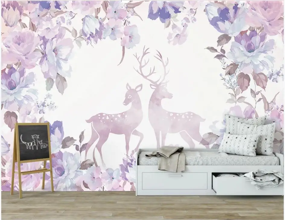 

Настенные 3D-обои на заказ, фотообои в современном минималистичном стиле с фиолетовыми акварельными цветами и оленями, Декор 3d настенные росписи, бумага для стен 3 d