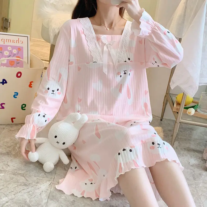 

Spring Autumn Winter New Student Princess Wind Nightdress Women's Pajamas Women Long Large Size Loose Worn Outside Home Service