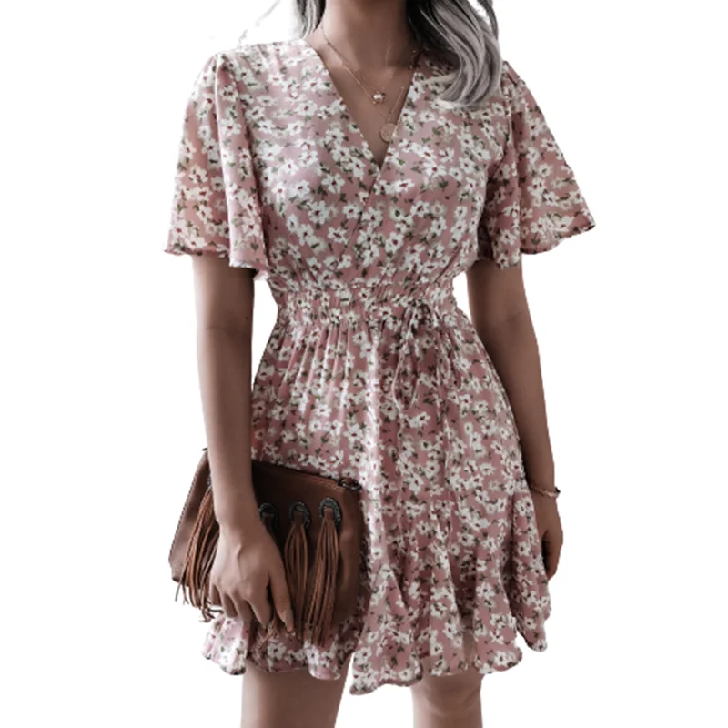 

Women Chiffon Dress Summer Short Sleeve V-Neck Printed Casual Pleated Dress Boho Floral Bandage Loose A-Line Dress Lady Vestidos