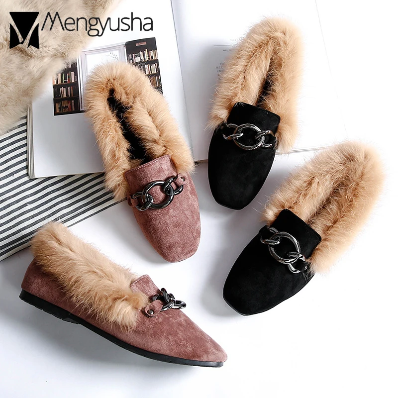 Туфли женские меховые на плоской подошве лоферы без застежки из меха кролика с