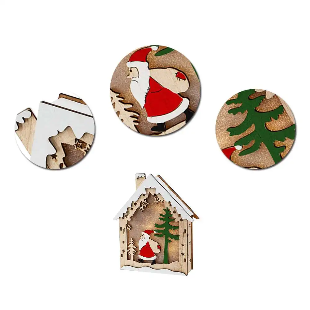 

Christmas Luminous Cabin Christmas Tree Pendant Wooden House Ornaments New Year Gift Window Decoration