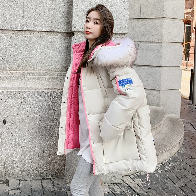 Женская пуховая парка средней длины мешковатая теплая зимняя куртка в Корейском