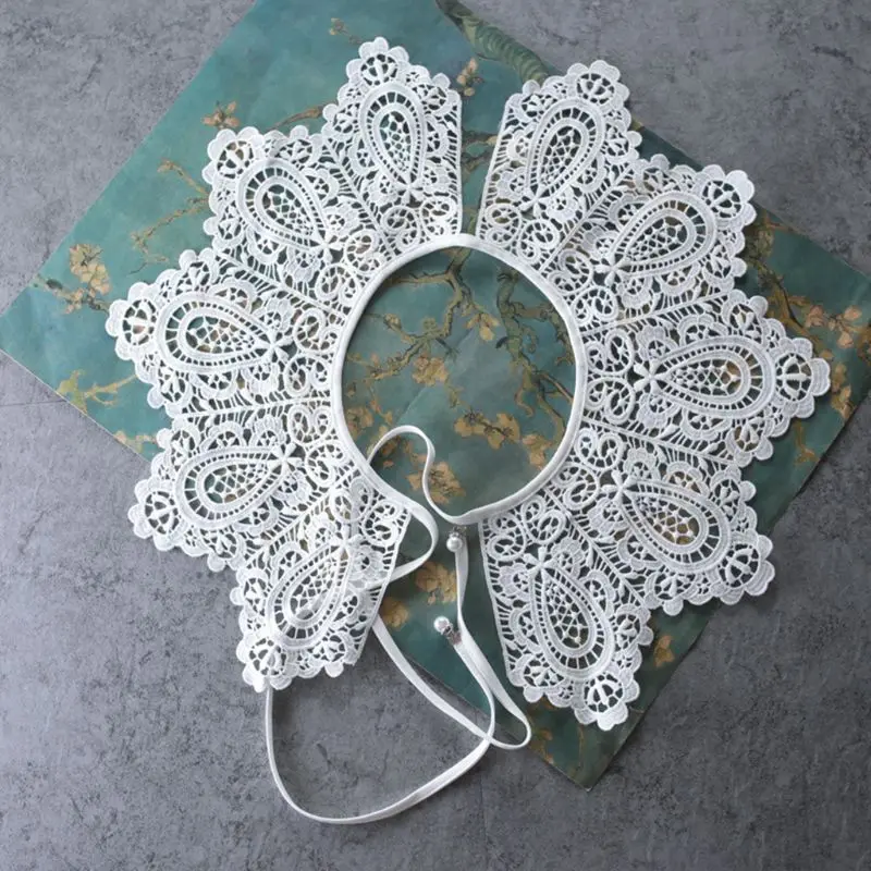 

Vintage Palace Style Womens Doll False Fake Collar Hollow Out Crochet Lace Half Shirt Necklace Shawl with Imitation Pearl Bowtie