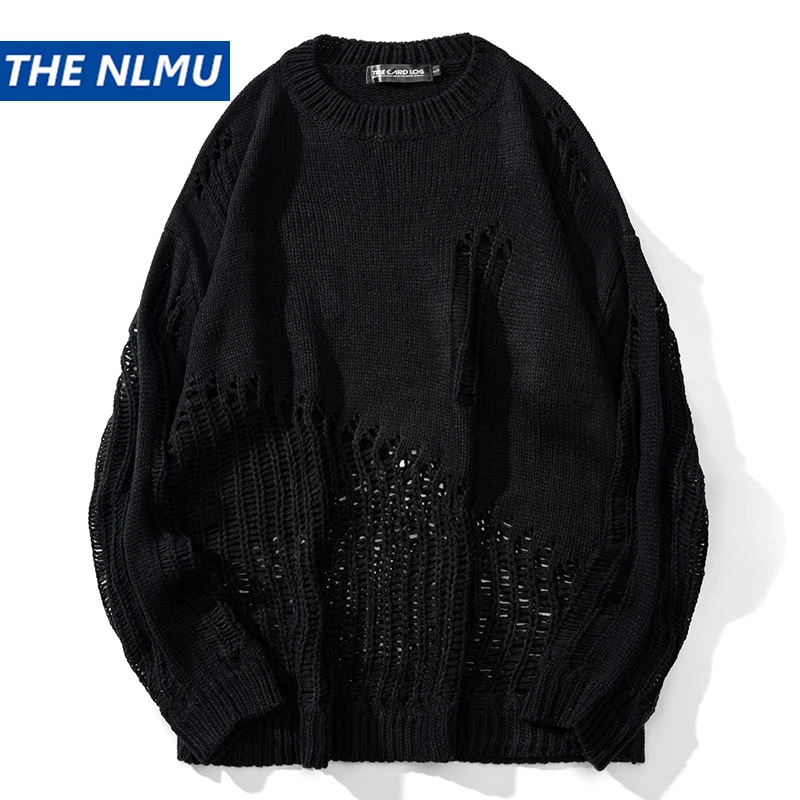 

Свитер вязаный в стиле Харадзюку, однотонный джемпер в стиле хип-хоп с вырезами, Свободный пуловер, уличная одежда, WE491