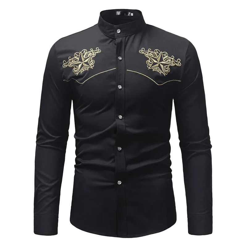 White Mandarin Collar Dress Shirt Men Embroidery Slim Fit Long Sleeve Mens Casual Shirts Wedding Party Prom for Male |