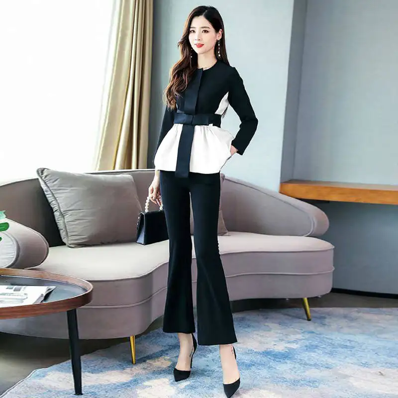 2020 Весна Корейский Элегантный черно белое лоскутное платье Комплект из 2