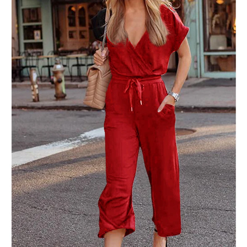 

V Neck Sexy European Style Summer Clothes Roupas Macacao Overalls Set Fashion Women Rompers Jumpsuit Long Red White Sleeveless