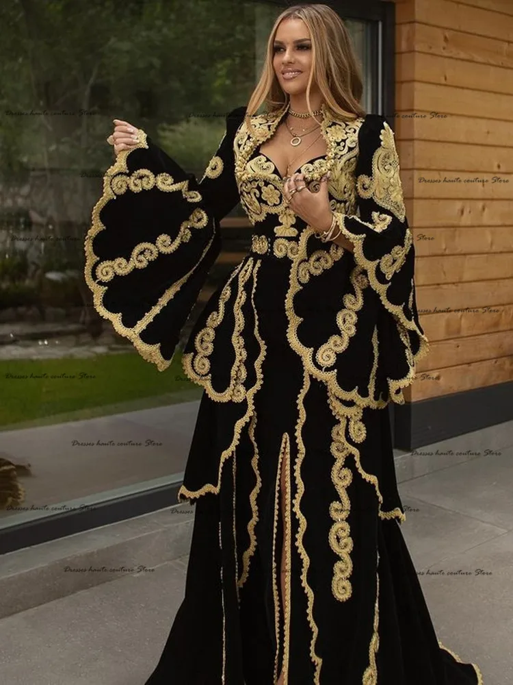 

Traditional Kosovo vestidos formales Arabic Velvet Evening Dresses Flared Sleeves Applique Split Prom Dress robe de soirée 2021