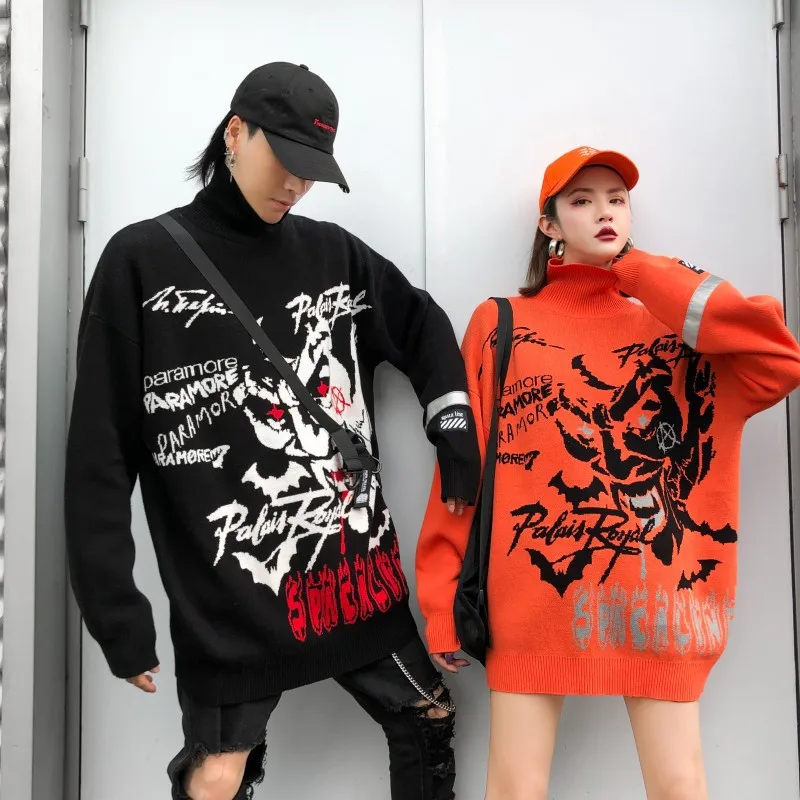 Harajuku вязаные свитера с высоким воротом для мужчин и женщин хип хоп клоун печати свободный пуловер свитер уличная Мужская зима WG608