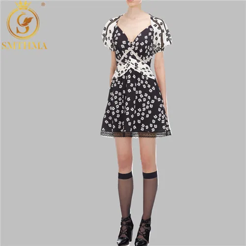 SMTHMA High Quality Fashion Self-Portrait Lace Hollow Dress Woman Luxury design Runway Pleated Waist Print Chic Dress