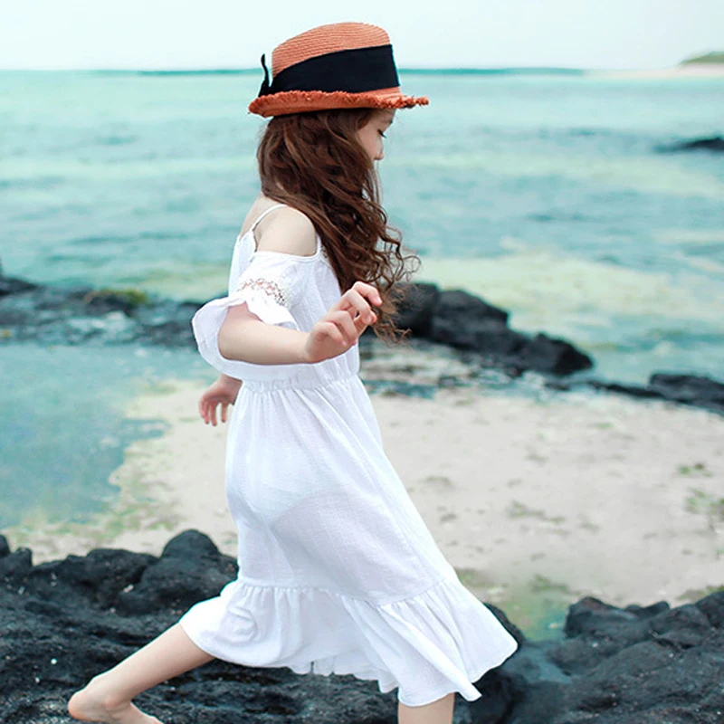 

New summer girl's dress white teen girl slip dress cotton children's beach style dress korean leisure child lace dresses pretty