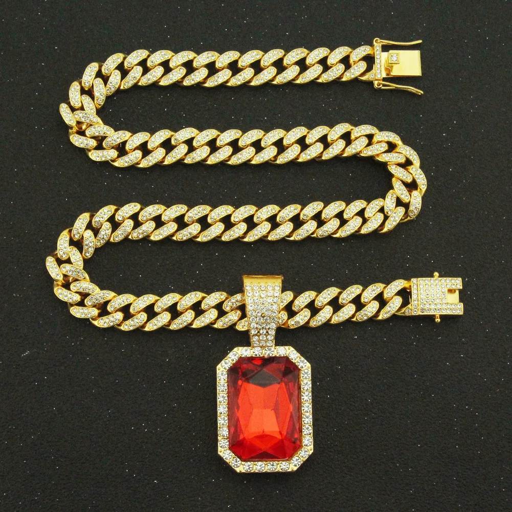 

Hip Hop Necklace Men Rectangular Red Rhinestone Pendant Chain Miami Cuban Chain Iced Out Bling HipHop Necklaces Charm Jewelry