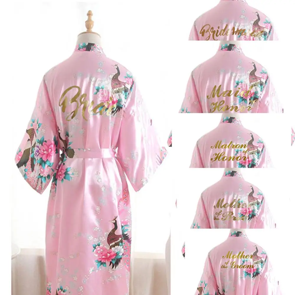 Розовый золотистый длинный атласный шелковый халат для невесты Свадебный