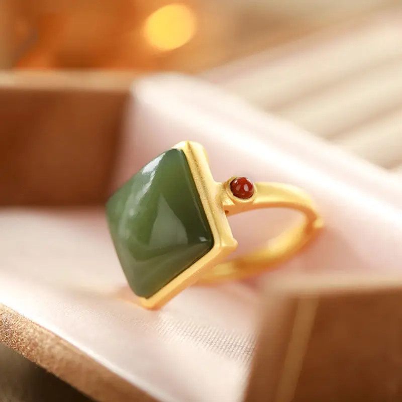 

Original S925 Sterling Silver Gold Plated Hetian Jade Amethyst Women's Ring Antique Chinese Style Classical Opening Silver Ring