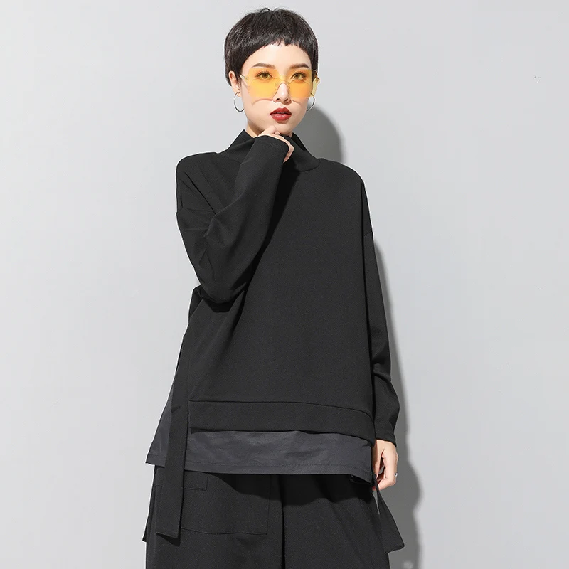 

Irregular Patchwork T-Shirt Women High Collar Long Sleeve Split Loose Casual T Shirt Tops Fashion Clothes Spring Autumn 2021
