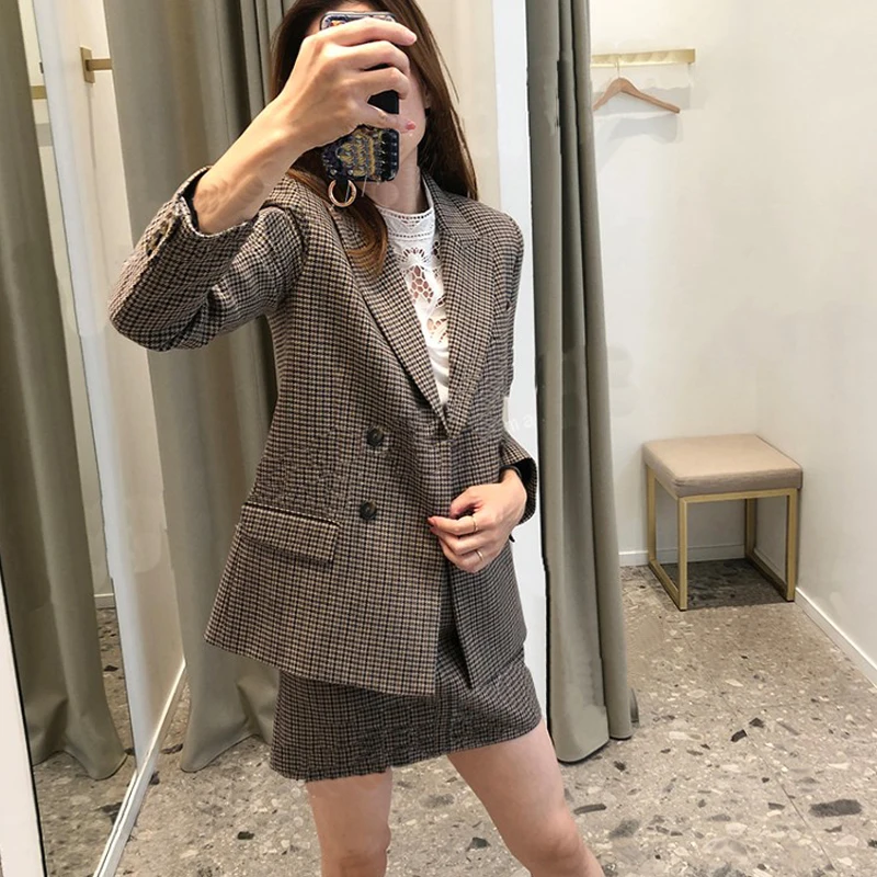 Женский блейзер в клетку двубортный элегантный пиджак из ткани гусиная лапка с