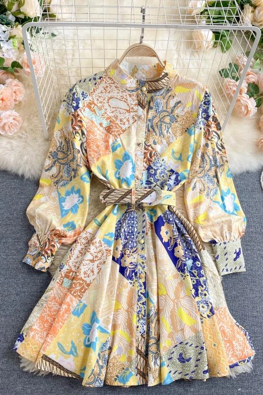 

SuperAen Autumn 2021 New Style Stand Slim Short Retro Printed Court Style A-Line Knee-Length Sashes Dress for Women