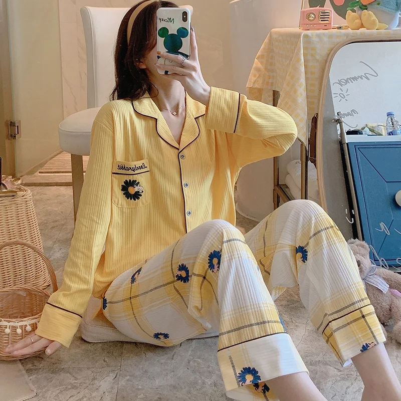 Plaid Yellow Pajamas Womens Spring Autumn Long Sleeve Cute Cotton Home Wear Suit Student Cardigan Summer and Winter Can Be