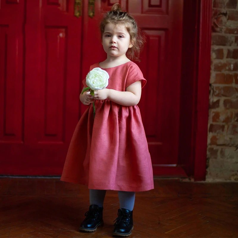 

Bowknot Lace Up Girl Linen Dress 2022 Summer New Cotton And Linen Loose Short-Sleeve Princess Dresses TZ49