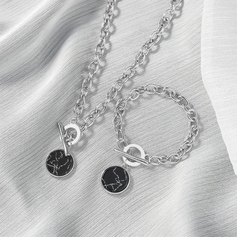 

Vintage Cuban Link Chain Bracelet Punk Round Marble Pendants Casual Neck Chain Necklaces for Women Hiphop Female Necklace