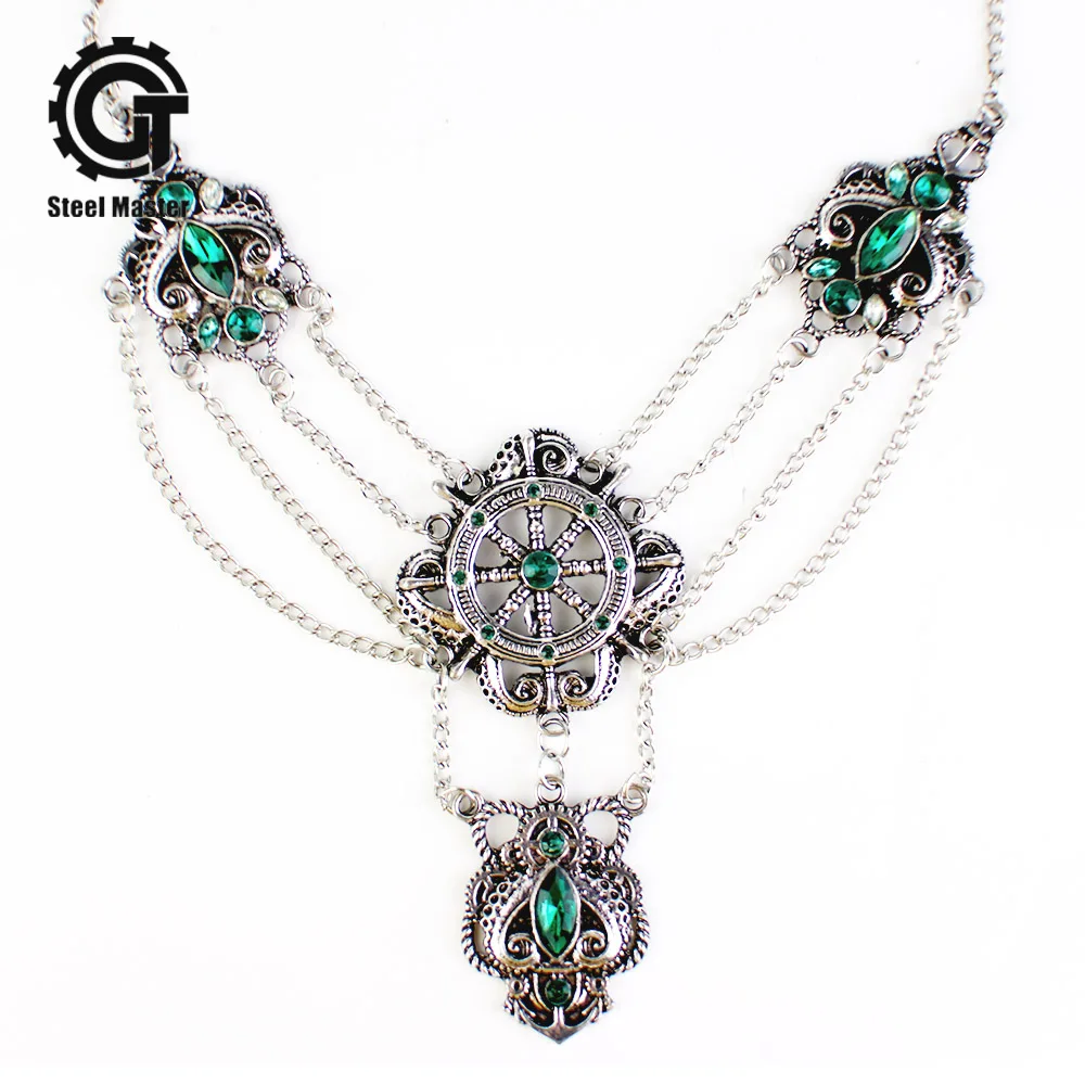 

Dark Emerald Rudder Pendant Personalized Necklace Steampunk Vintage Necklace Multi-Level Hollow Long Necklace