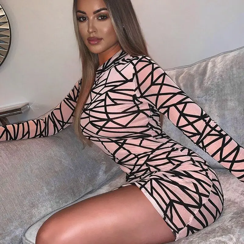

Sexy Hot Mesh Transparent Women Dress Long Sleeve Skinny Bodycon Party Dresses Autumn Fashion Striped Club Wear New