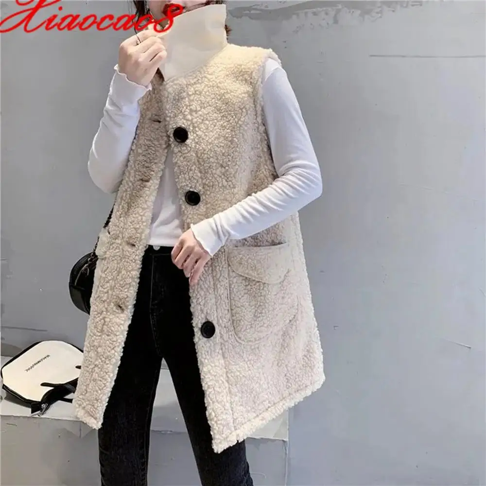 

Fashoin Winter Imitation Lambswool Vest Jacket Women Solid Warm Turn-down Collar Long Waistcoat L XL Gilet Femme Korean Style