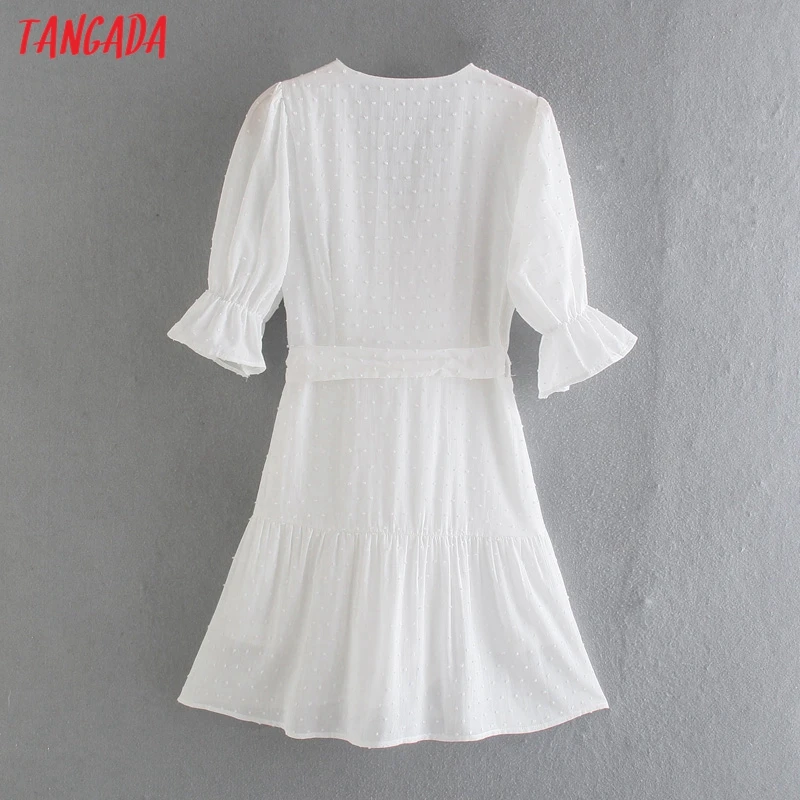 

Tangada 2021 Women Dots Pattern French Style White Dress Puff Short Sleeve Ladies Mini Dress Vestidos 8M17