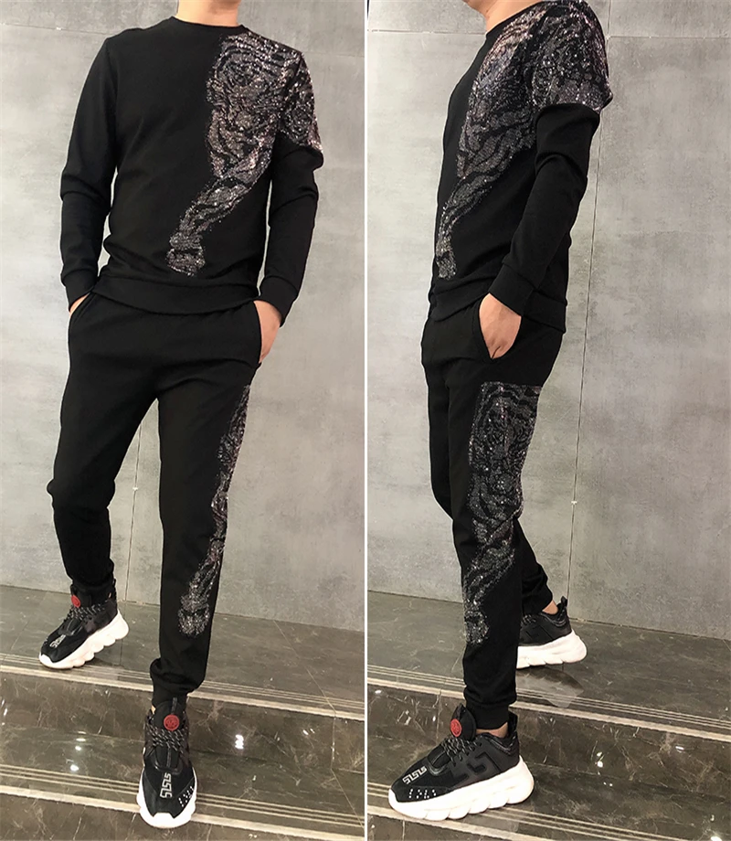 

New rhinestone cotton hoodie fitness men's padded suit upscale sportswear two-piece set