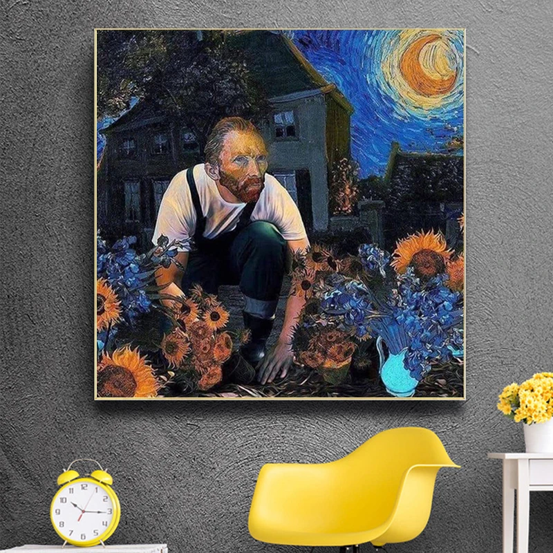 

Funny Art Van Gogh Sunflowers Blue Starry Sky Oil on Canvas Painting Poster and Print Wall Art Pictures Cuadros Home Decoration