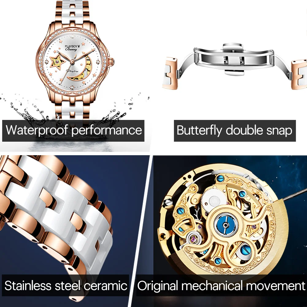 

PLAYBOY Top Brand Women's Mechanical Watches Skeleton Automatic Watch Luxury Waterproof Ceramic Strap Female Clock Montre Femme