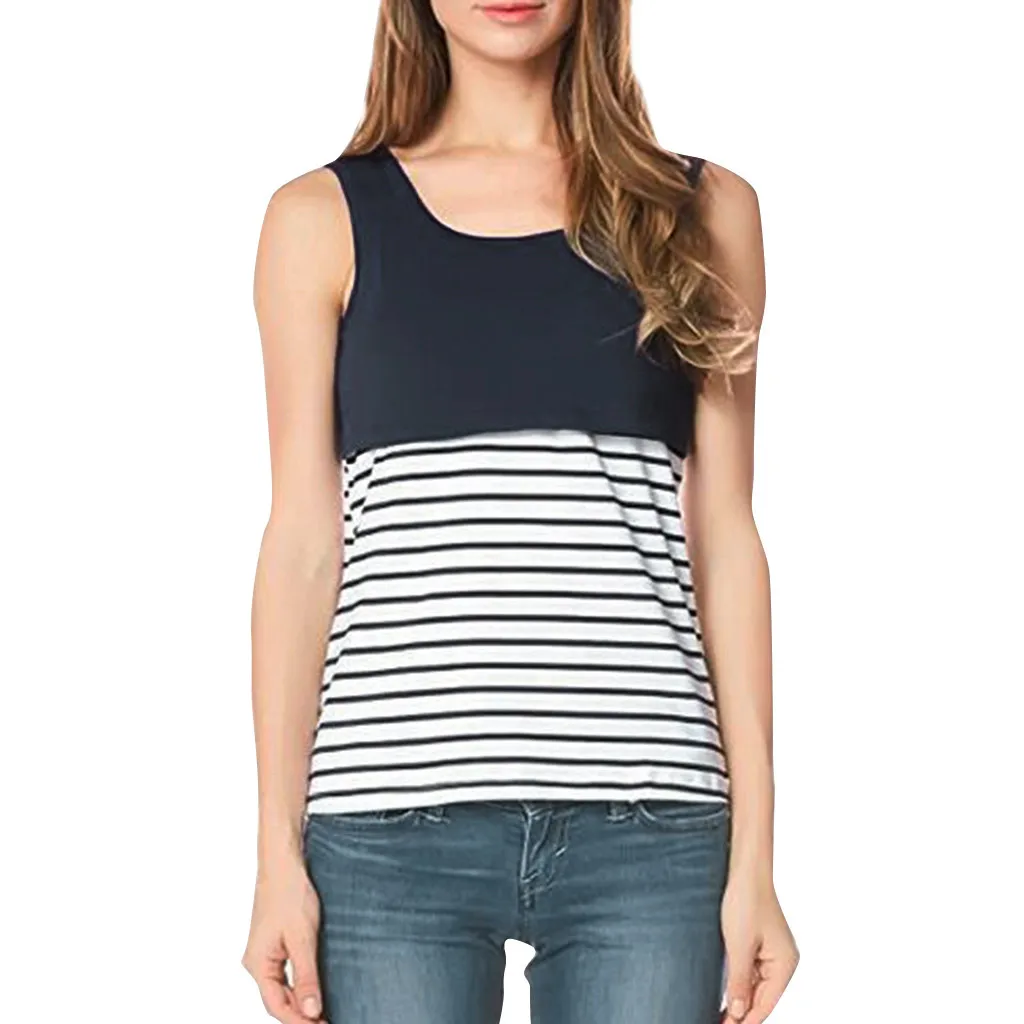 

Women's Maternity Sleeveless Tops Stripe Splicing Nursing Baby Vest Clothes Pregnant Maternidad Loose Clothes