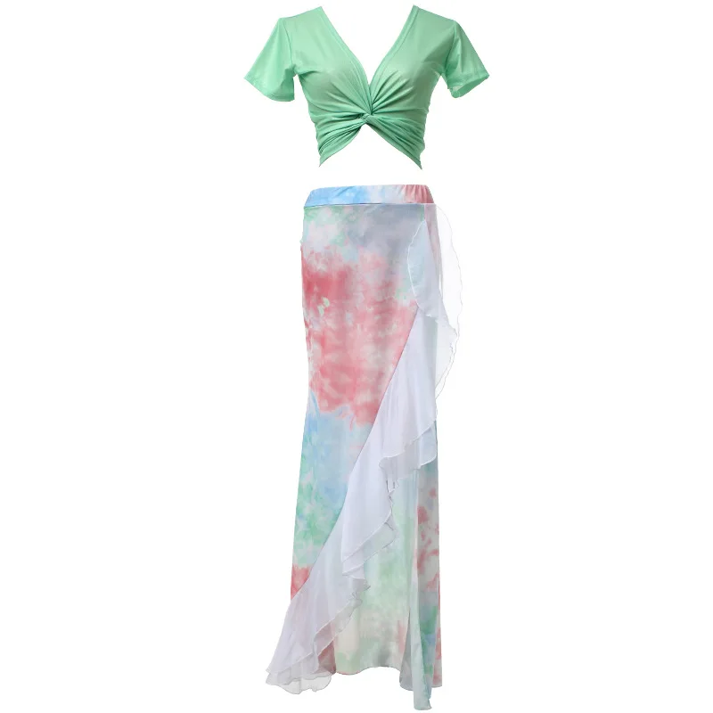 

2021 new Women Belly Dance skirt gradient Clothing female Girls Costume Wear sexy high split printed ice silk Suit