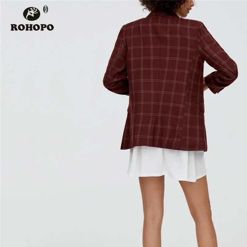 ROHOPO двойной нагрудный клетчатый бордовый блейзер с боковыми отворотами