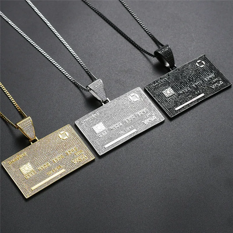 

Iced Out Credit VISA Card Pendant Necklace Micro Pave AAA Cubic Zirconia Hip Hop Jewelry With 24inches Link Chain For Gift