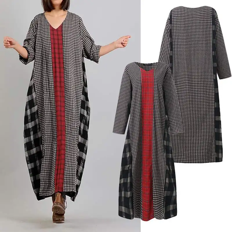 

ZANZEA Women Plaid Checked Maxi Long DressSpring Vintage V neck Long Sleeve Sundress Loose Patchwork Vestido Kaftan