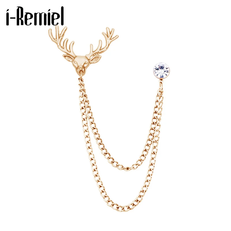 Vintage Metal Small Elk Brooch Rhinestone Tassel Chain Lapel Pin Suit Shirt Collar Badge Brooches Men's Christmas Jewelry | Украшения и