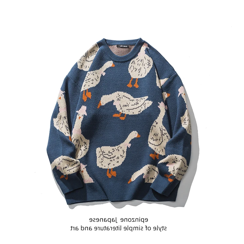 

Men Vintage Sweater Knitwear Animal Fashion Knitted Casual Goose O Neck College Couple Pullover Youth Autumn