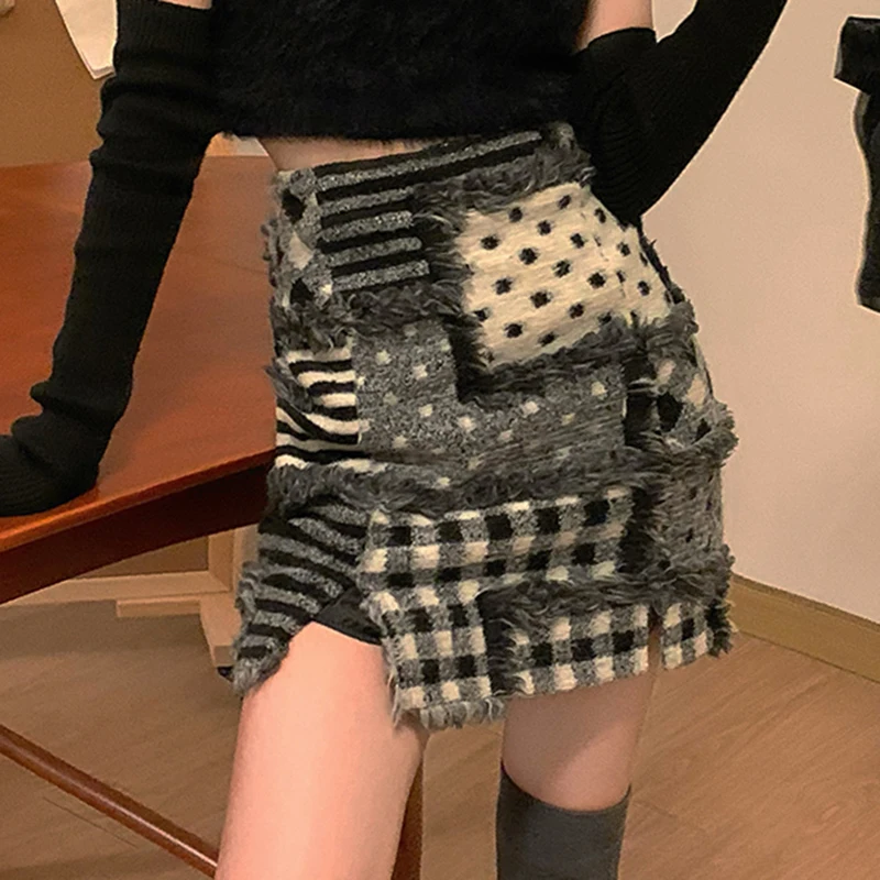 

Винтажные лоскутные шерстяные юбки-карандаш, Женская мини-юбка с высокой талией, юбка-футляр с разрезом и бахромой, трапециевидная Женская ...