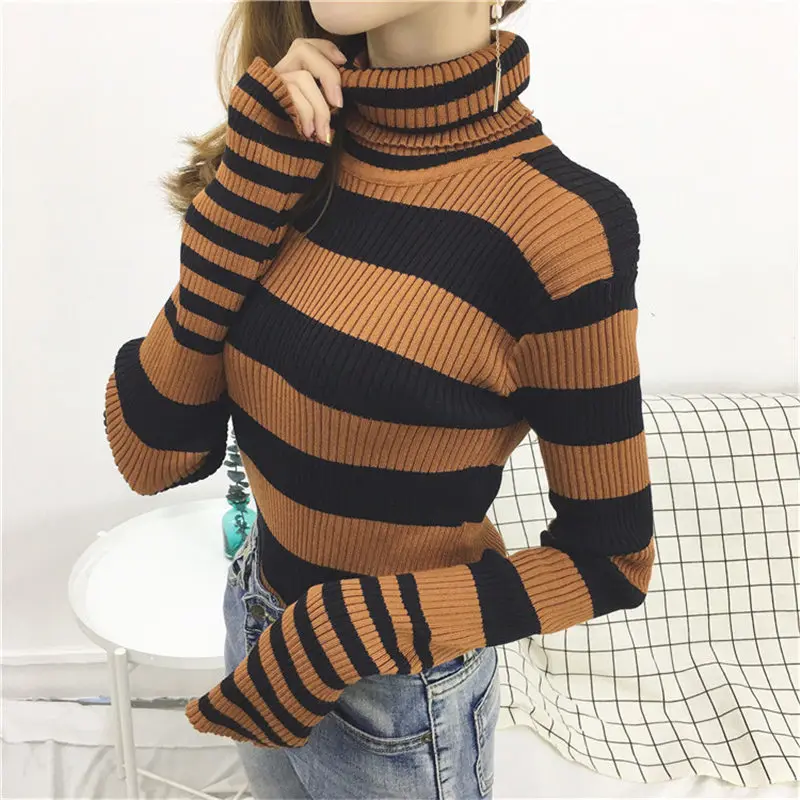 Woherb Casual Turtleneck Sweater Women Winter 2021 Knitted Pullover Korean Harajuku Striped Sweaters Pull Sueter Mujer 20105 | Женская