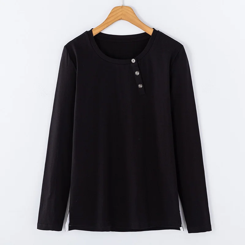

Autumn long sleeve T-shirt women's new slant open button fashion versatile Korean cotton T-shirt comfortable base shirt 6739-1